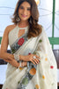 Off White Linen Cotton Printed Saree with Floral Border and Blouse