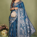Teal Blue Banarasi Silk Saree Rich Silver Zari Weaving Blouse Piece