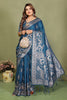 Teal Blue Banarasi Silk Saree Rich Silver Zari Weaving Blouse Piece