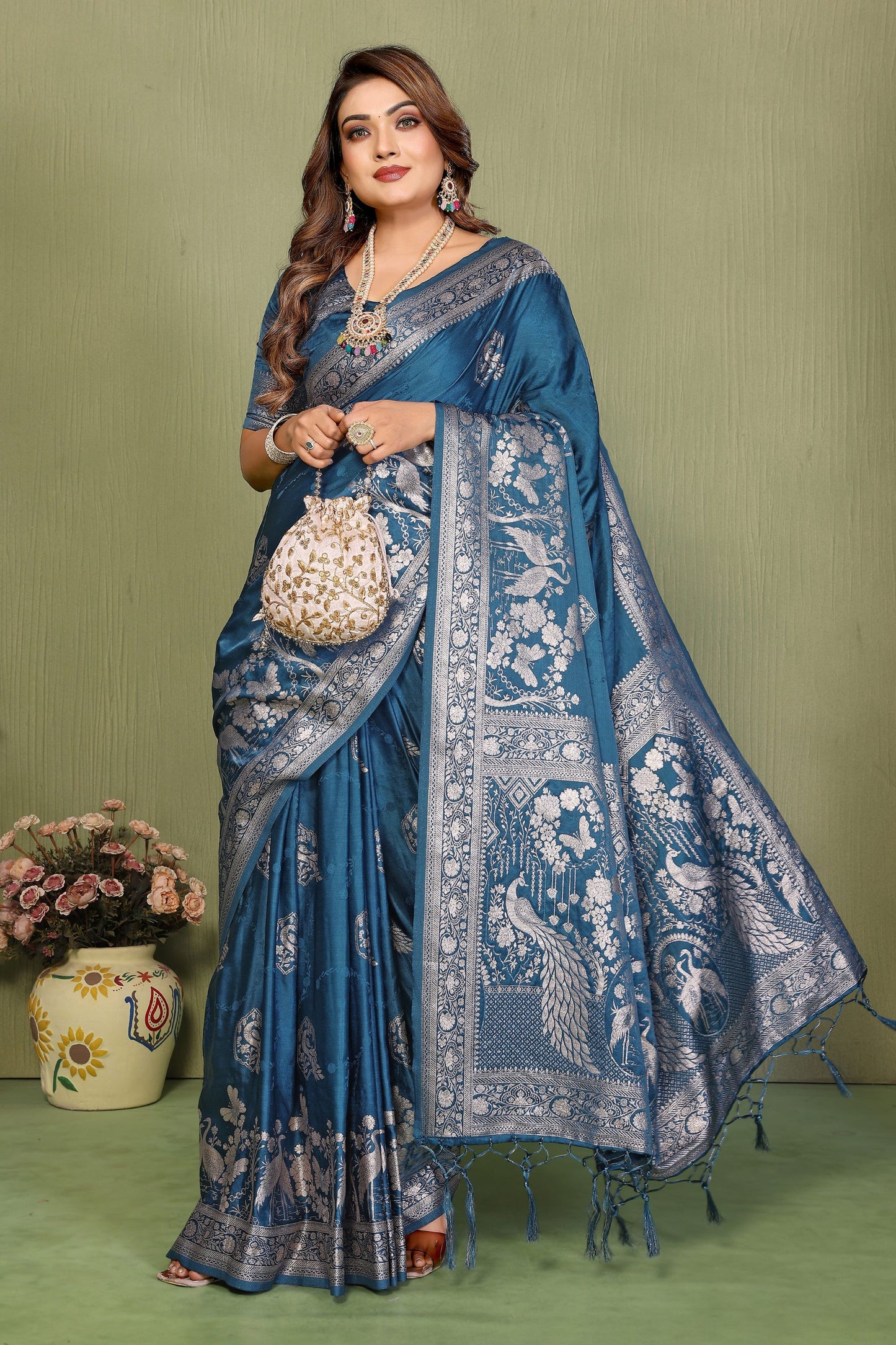 Teal Blue Banarasi Silk Saree Rich Silver Zari Weaving Blouse Piece