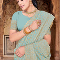 Sky Blue Georgette Saree Heavy Gold Zari Embroidery Designer Blouse