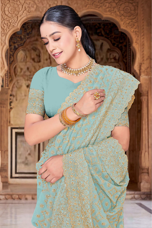 Sky Blue Georgette Saree Heavy Gold Zari Embroidery Designer Blouse