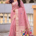 Pink Tussar Silk Saree with Multicolor Bird Floral Motif Pallu