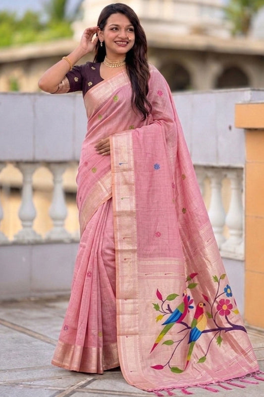 Pink Tussar Silk Saree with Multicolor Bird Floral Motif Pallu
