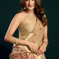Beige Soft Silk Saree with Floral Embroidery Gold Zari Border