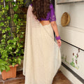 Off White Georgette Saree Golden Butti Designer Purple Floral Blouse