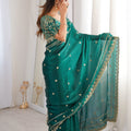 Luxury Teal Green Organza Silk Saree with Golden Embroidered Border