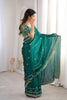 Luxury Teal Green Organza Silk Saree with Golden Embroidered Border