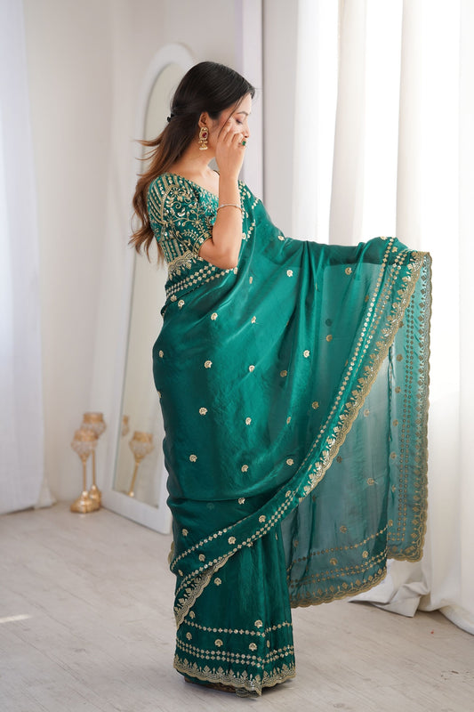 Luxury Teal Green Organza Silk Saree with Golden Embroidered Border
