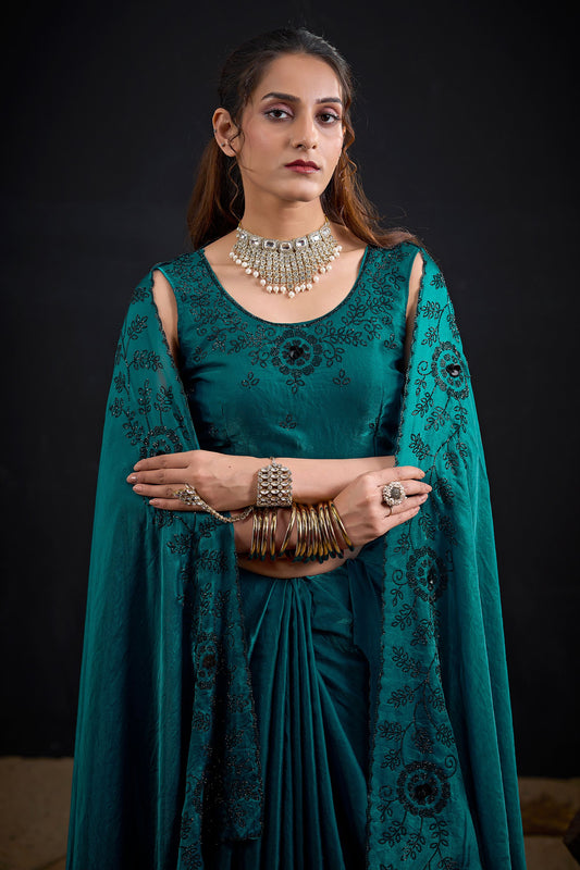 Teal Green Embroidered Silk Saree with Designer Blouse