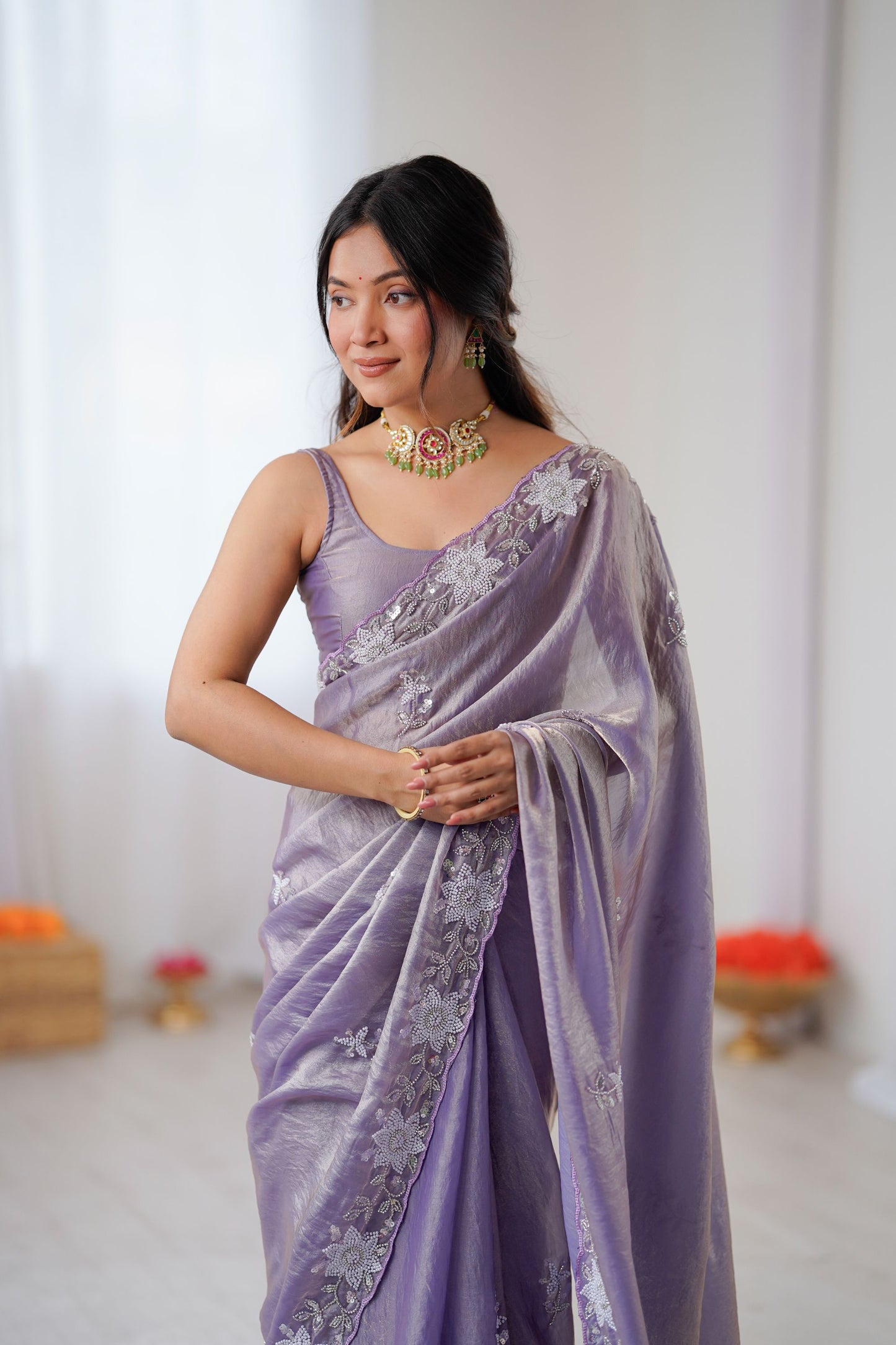 Lavender Organza Saree with Floral Work Party Wear Saree