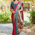 Rani Pink Silk Saree Teal Border Multicolor Peacock Weaving Work