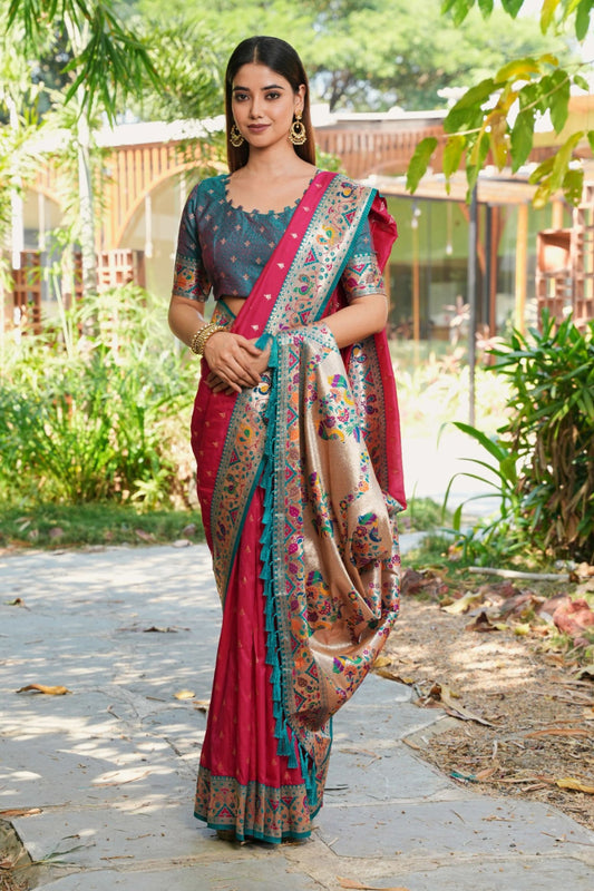 Rani Pink Silk Saree Teal Border Multicolor Peacock Weaving Work