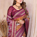 Brown And Wine Ikat Silk Saree with Traditional Saree Contrast Border