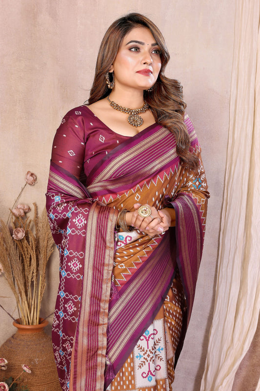 Brown And Wine Ikat Silk Saree with Traditional Saree Contrast Border