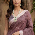 Dusty Mauve Cotton Linen Saree and Woven Motifs Silver Zari Border