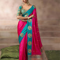 Rani Pink Silk Saree with Teal Green Zari Border Traditional