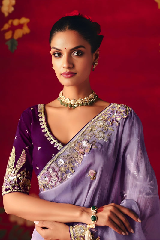 Designer Lavender Silk Saree with Heavy Embroidery Border
