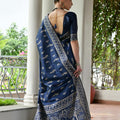 Elegant Navy Blue Cotton Silk Saree with Traditional Woven Border