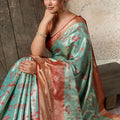 Aqua Blue Banarasi Silk Saree  Red Zari Border and Floral Weaving Saree