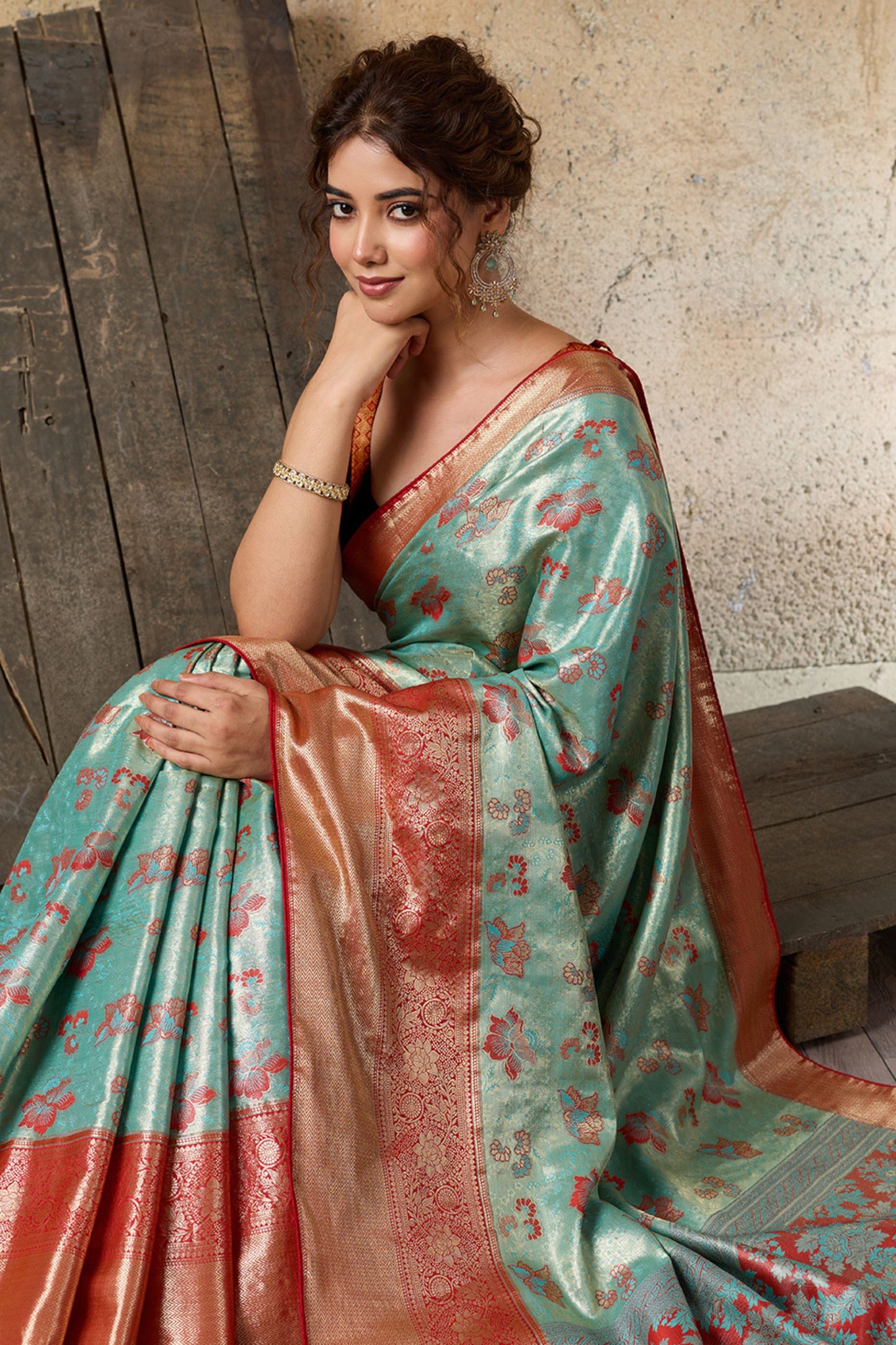 Aqua Blue Banarasi Silk Saree  Red Zari Border and Floral Weaving Saree