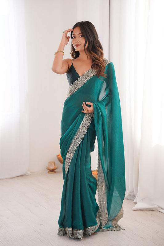 Teal Green Organza Saree with Designer Embroidered Border