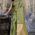 Premium Olive Green Banarasi Silk Saree with Rich Zari Woven Pallu