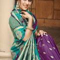 Royal Purple Teal Green Kanjivaram Silk Saree Gold Zari Peacock Motif Border