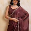 Wine Brown Georgette Saree with Silver Zari Border Butti Work