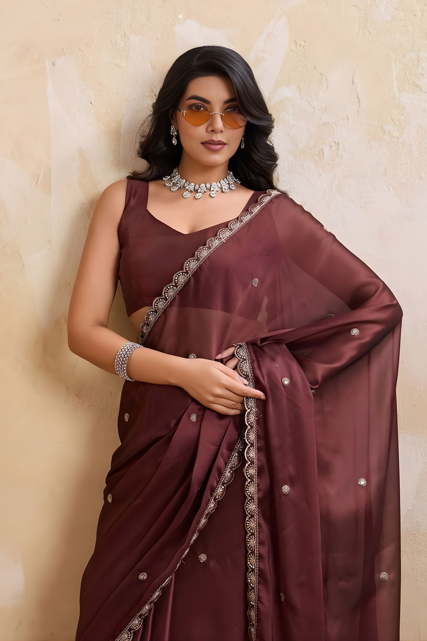 Wine Brown Georgette Saree with Silver Zari Border Butti Work