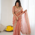 Elegant Peach Pink Organza Silk Saree with Heavy Designer Blouse