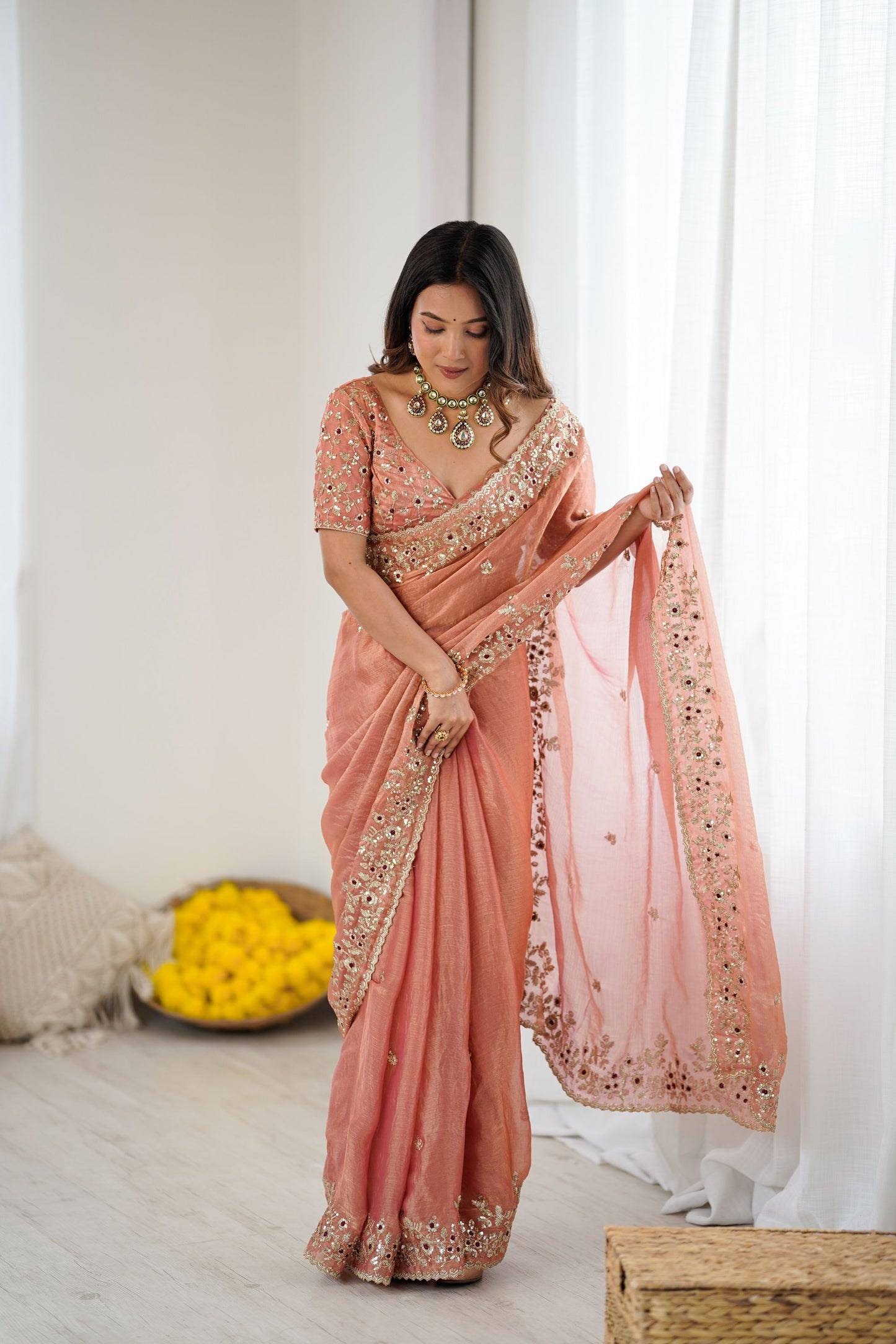 Elegant Peach Pink Organza Silk Saree with Heavy Designer Blouse
