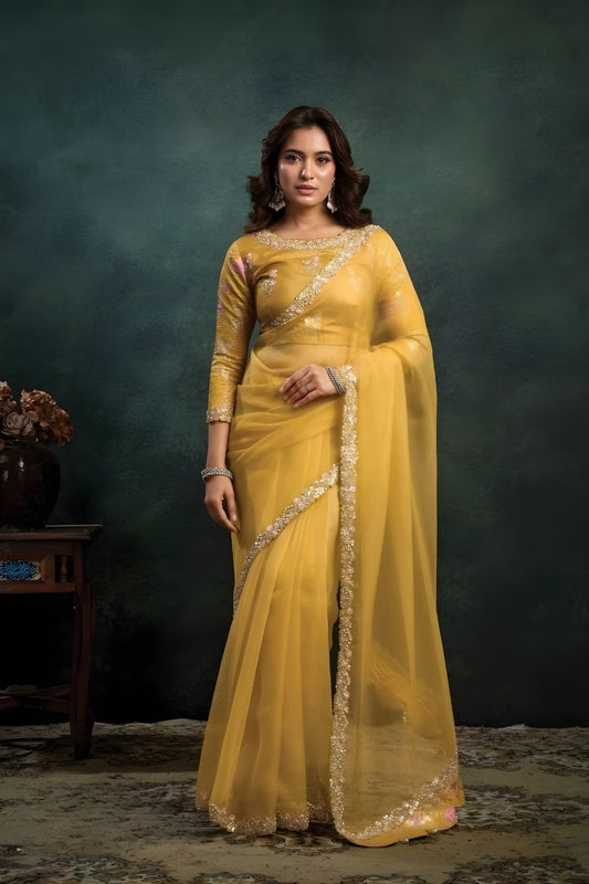 Mustard Yellow Embroidered Net Saree with Sequin Border 