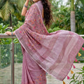 Mauve Pink Linen Cotton Saree Floral Embroidery Designer Tassel Pallu