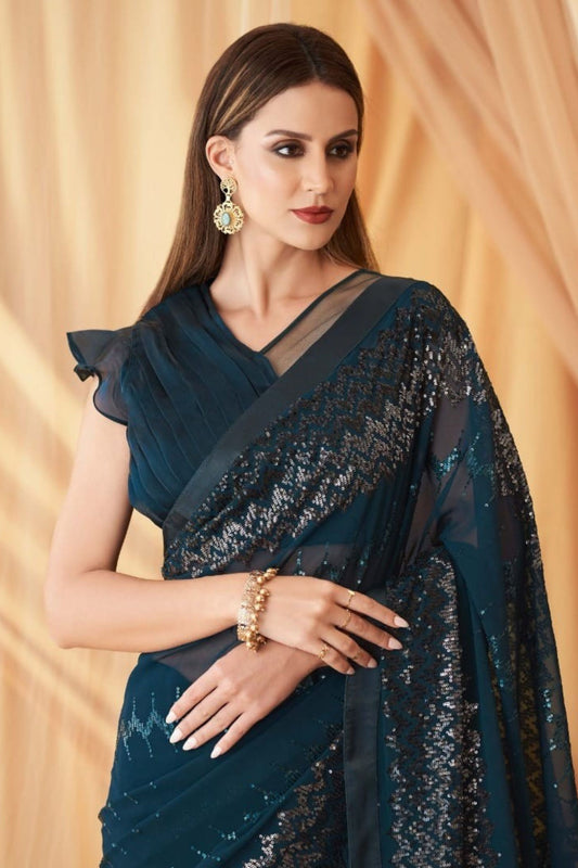 Teal Blue Designer Saree with Silver Elegant Party Wear