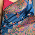 Royal Navy Blue Kashmiri Printed Satin Silk Saree with Designer Border