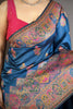 Royal Navy Blue Kashmiri Printed Satin Silk Saree with Designer Border