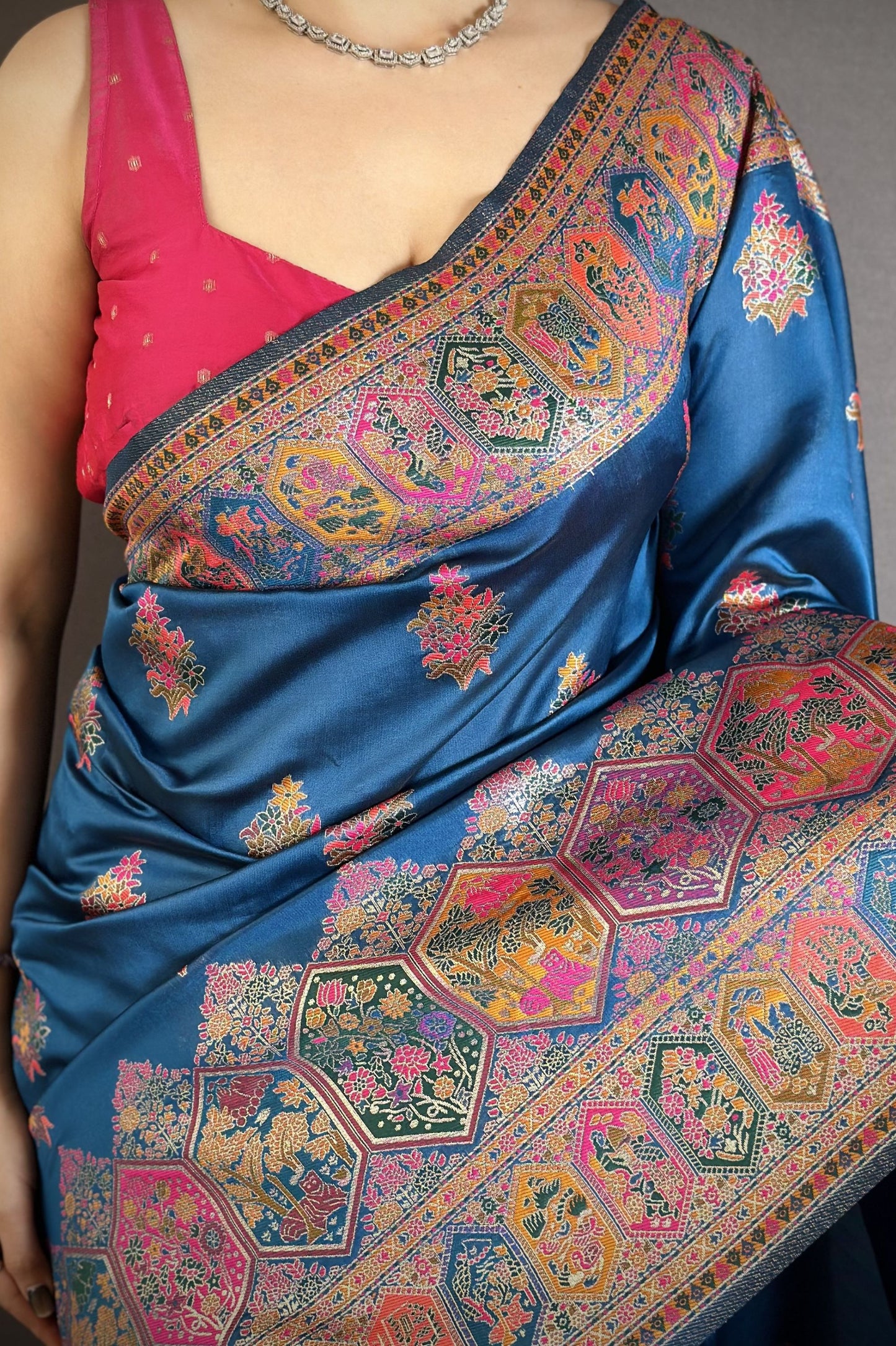 Royal Navy Blue Kashmiri Printed Satin Silk Saree with Designer Border