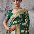 Green Banarasi Silk Saree Gold Zari Border Floral Weaving Saree