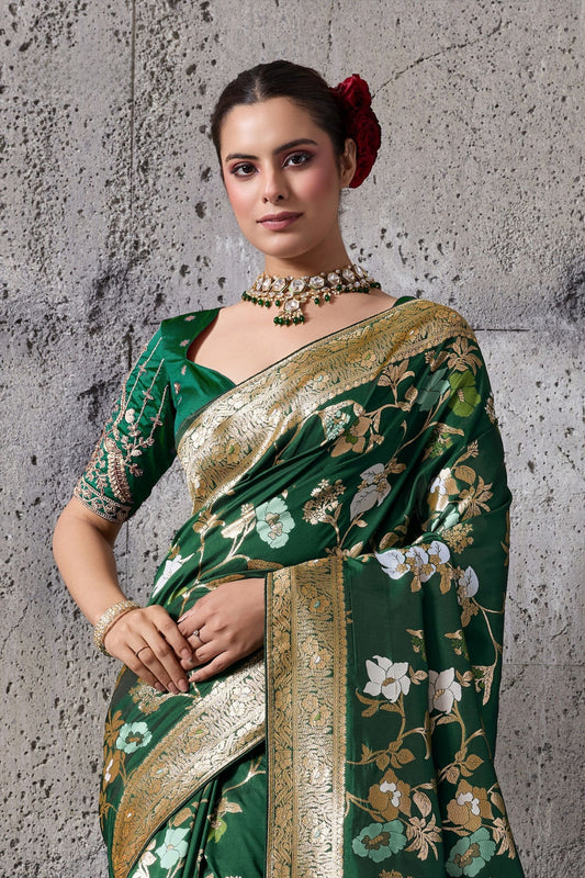 Green Banarasi Silk Saree Gold Zari Border Floral Weaving Saree