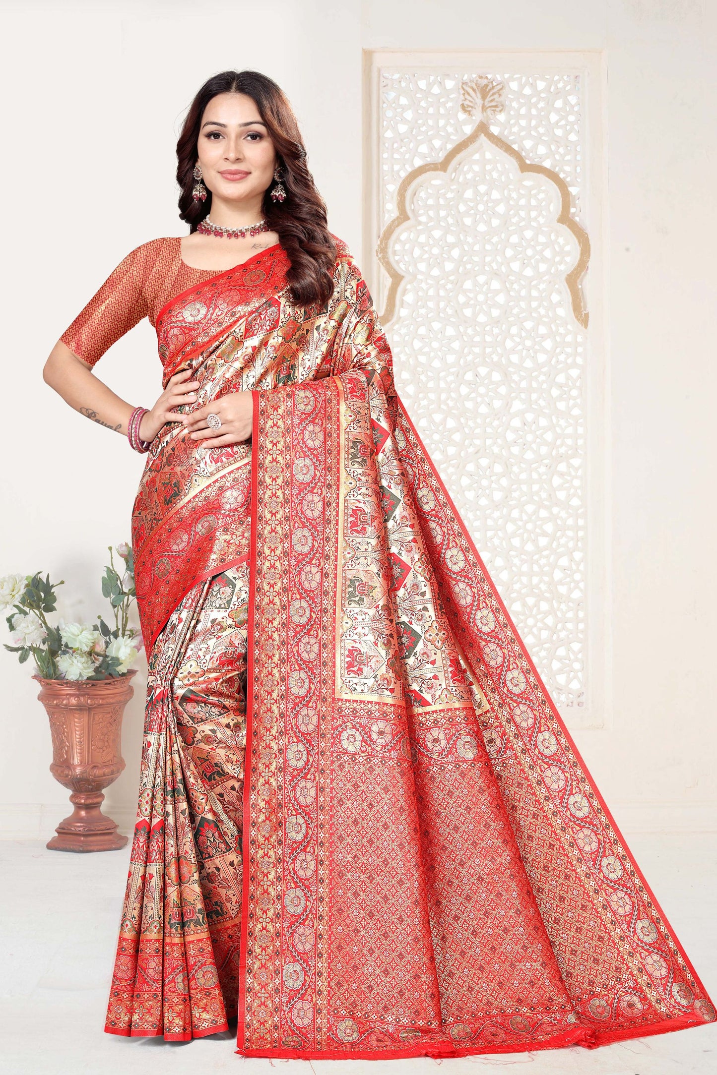 Red and Beige Banarasi Silk Saree with Rich Zari Woven Design