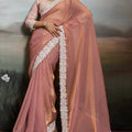 Peach Silk Saree with Designer White Lace Border Party Wear