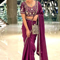 Wine Purple Organza Silk Saree Sequins Embroidered Border Designer Blouse