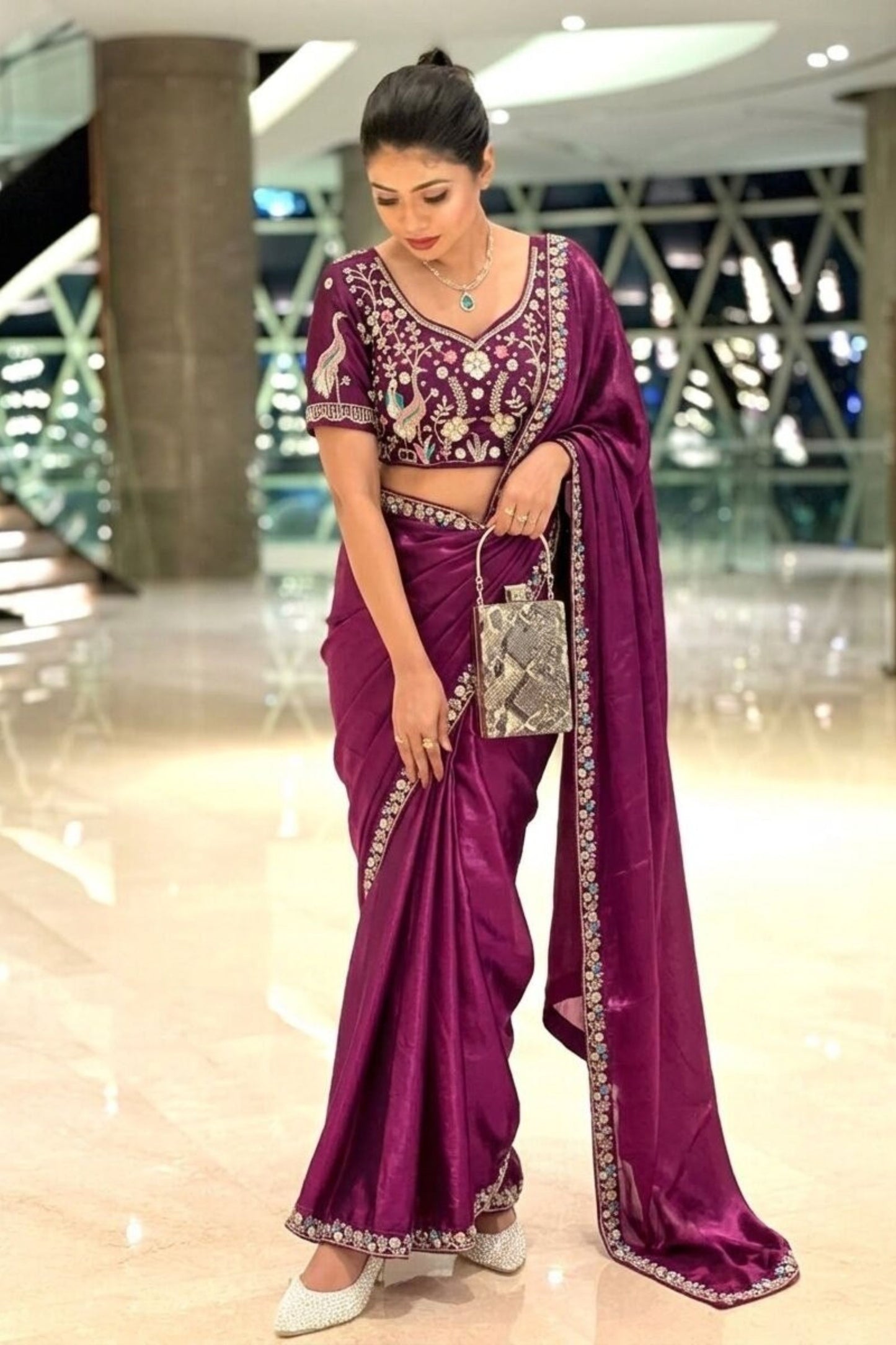Wine Purple Organza Silk Saree Sequins Embroidered Border Designer Blouse