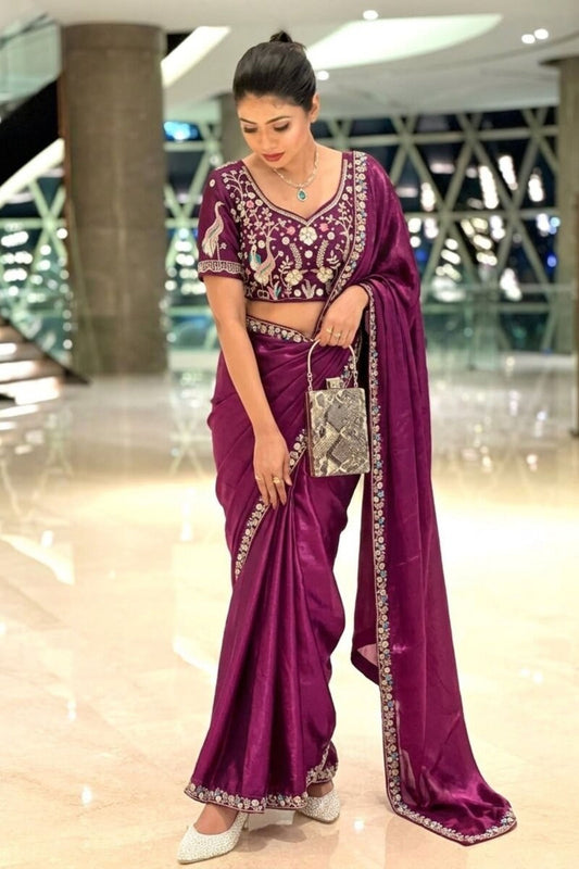 Wine Purple Organza Silk Saree Sequins Embroidered Border Designer Blouse