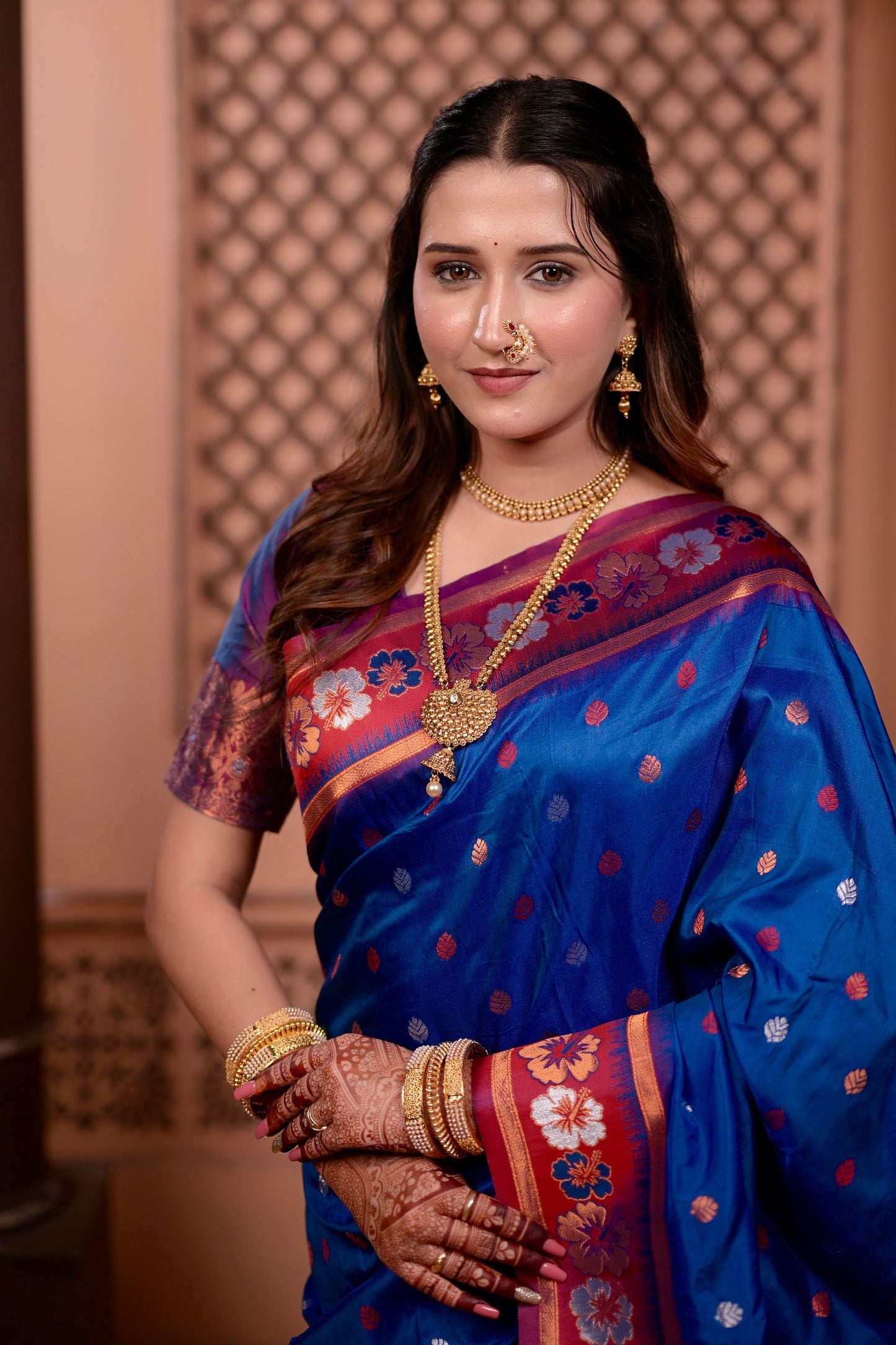 Royal Blue Paithani Silk Saree with Contrast Pink Zari Border