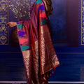 Wine Banarasi Silk Saree with Zari Woven Pallu Multicolor Ikat Design