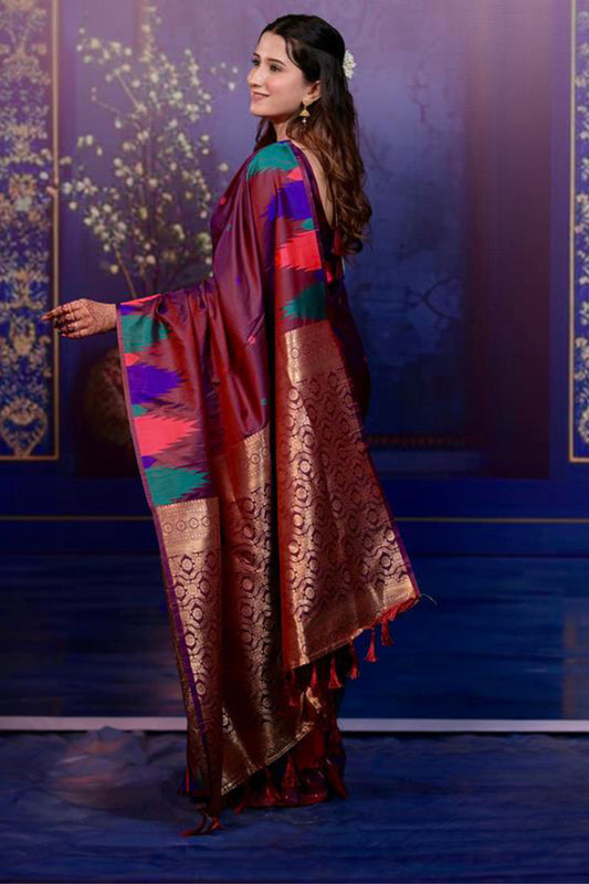 Wine Banarasi Silk Saree with Zari Woven Pallu Multicolor Ikat Design