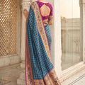 Royal Blue Paithani Silk Saree Traditional Zari Border Magenta Designer Blouse