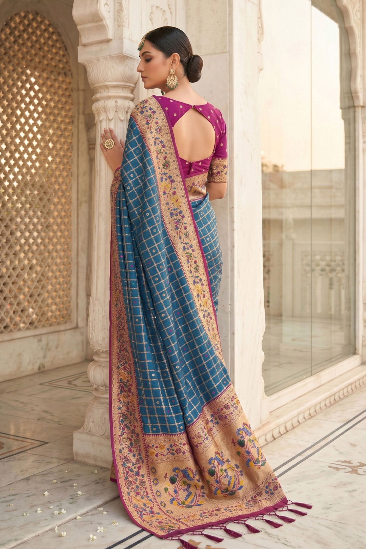 Royal Blue Paithani Silk Saree Traditional Zari Border Magenta Designer Blouse